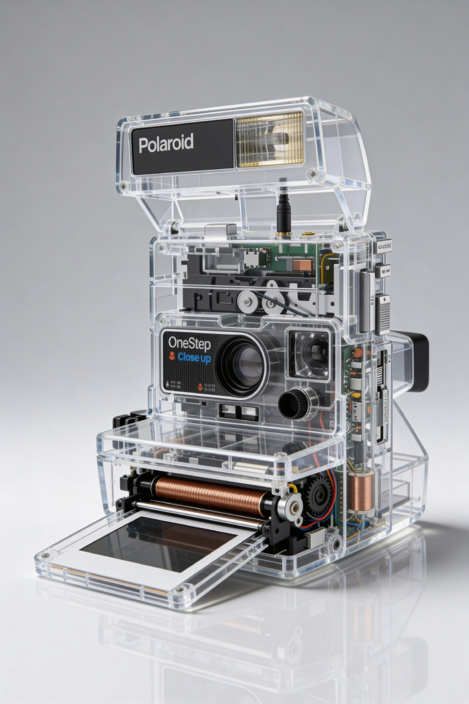 Produktaufnahme Polaroid OneStep Close-up — Studio-Exploded-View für Tech-/Design-Kampagne, Materialisierung und Handwerk si…