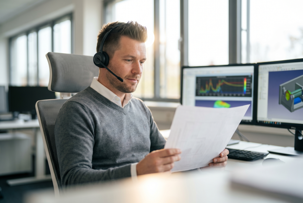 Remote-Arbeitsplatz mit konzentriertem Professional — Tech-/SaaS-Recruiting oder Employer-Branding für Hybrid-Work-Kampag…