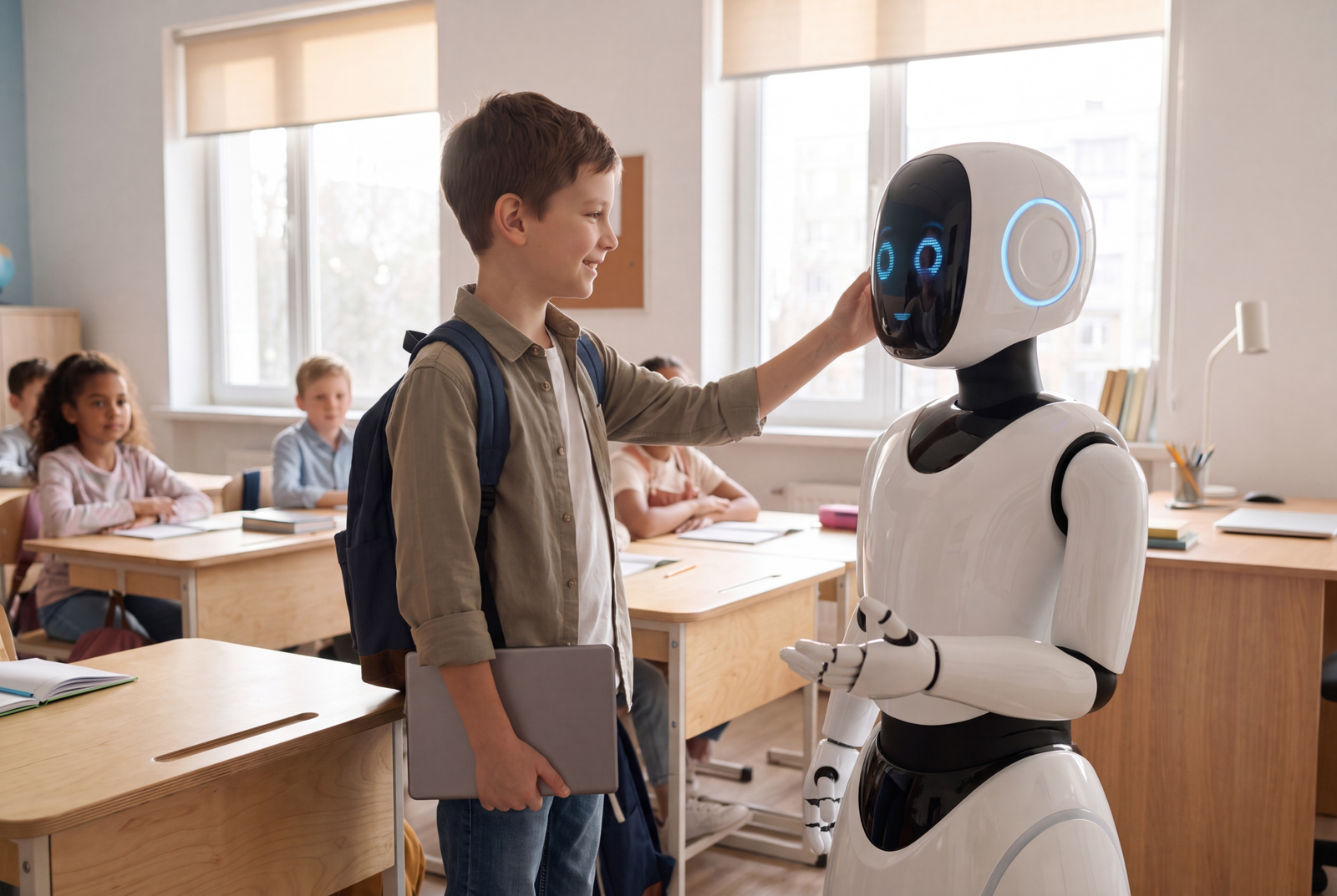 Classroom-Szenario mit humanoidem Roboter und Schüler — Bildkonzept für EdTech, KI-Innovation und Zukunftsthemen in B2B-Kampagnen — KI-Bildwelten vom Fotostudio BCS Media, Leipzig